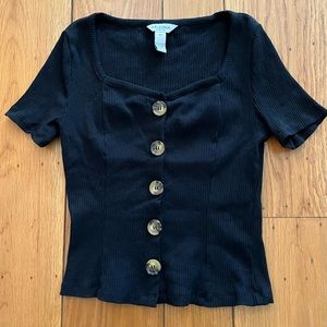 Arizona Jean Co Short Sleeve Ribbed Black Top W/ Buttons Womens Extra Small
